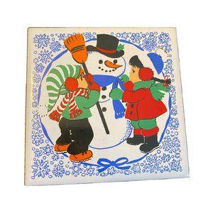 Vintage CHRISTMAS SNOWMAN CHILDREN 4" Tile Trivet by JASCO Taiwan